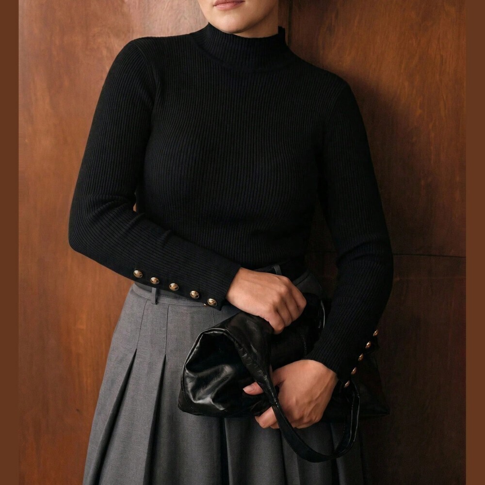Black Ribbed Knit Gold Button Cuff Mock Neck Sweater